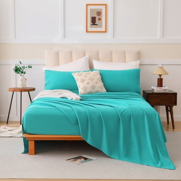 4 Piece Queen Bed Set Cotton Blend Skin Friendly Breathable Bedding with Sheet Pillowcase