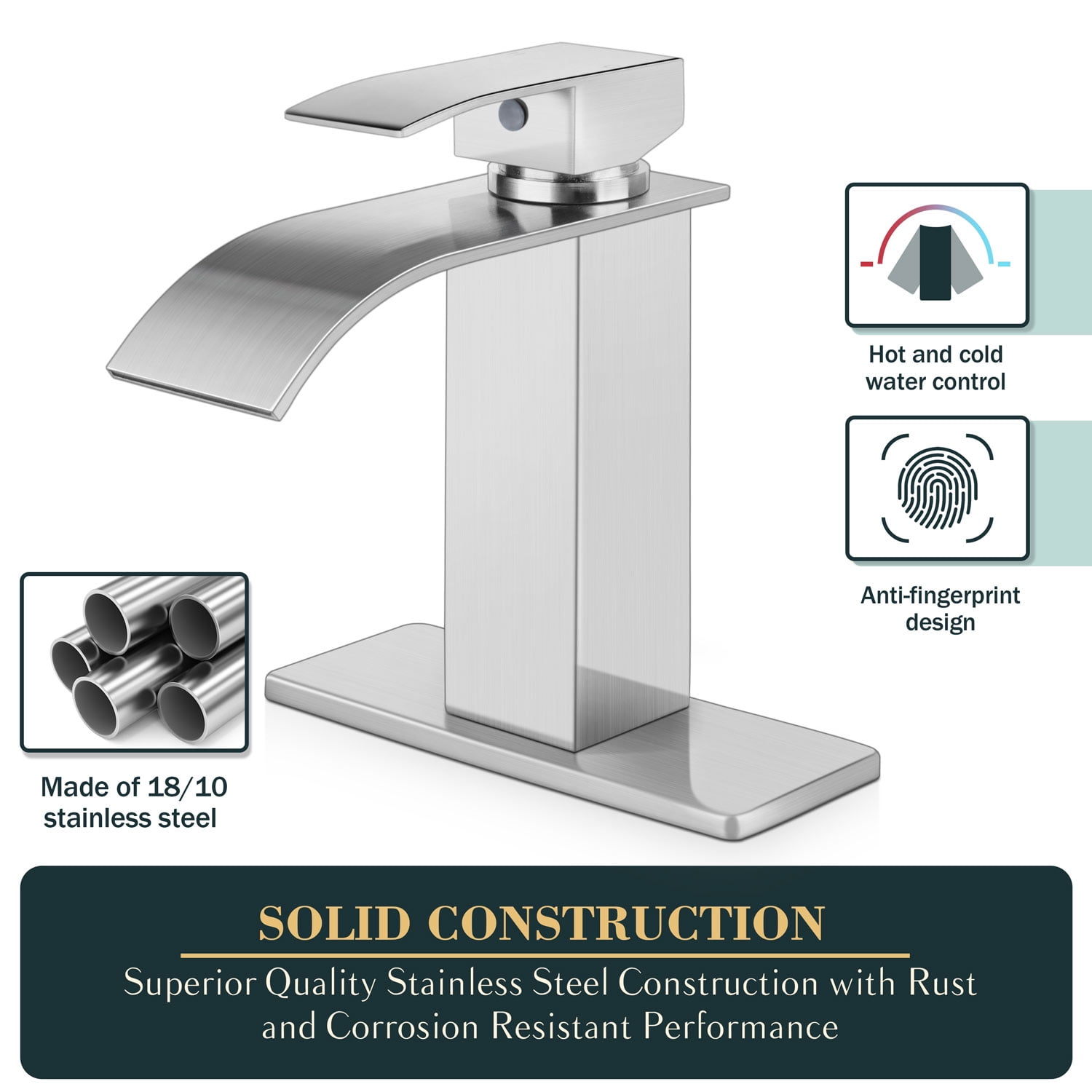 Vesteel Bathroom Faucet, 18/10 Stainless Steel Single Handle Waterfall Spout Bathroom Sink Faucet with Deck Plate and Pop Up Drain