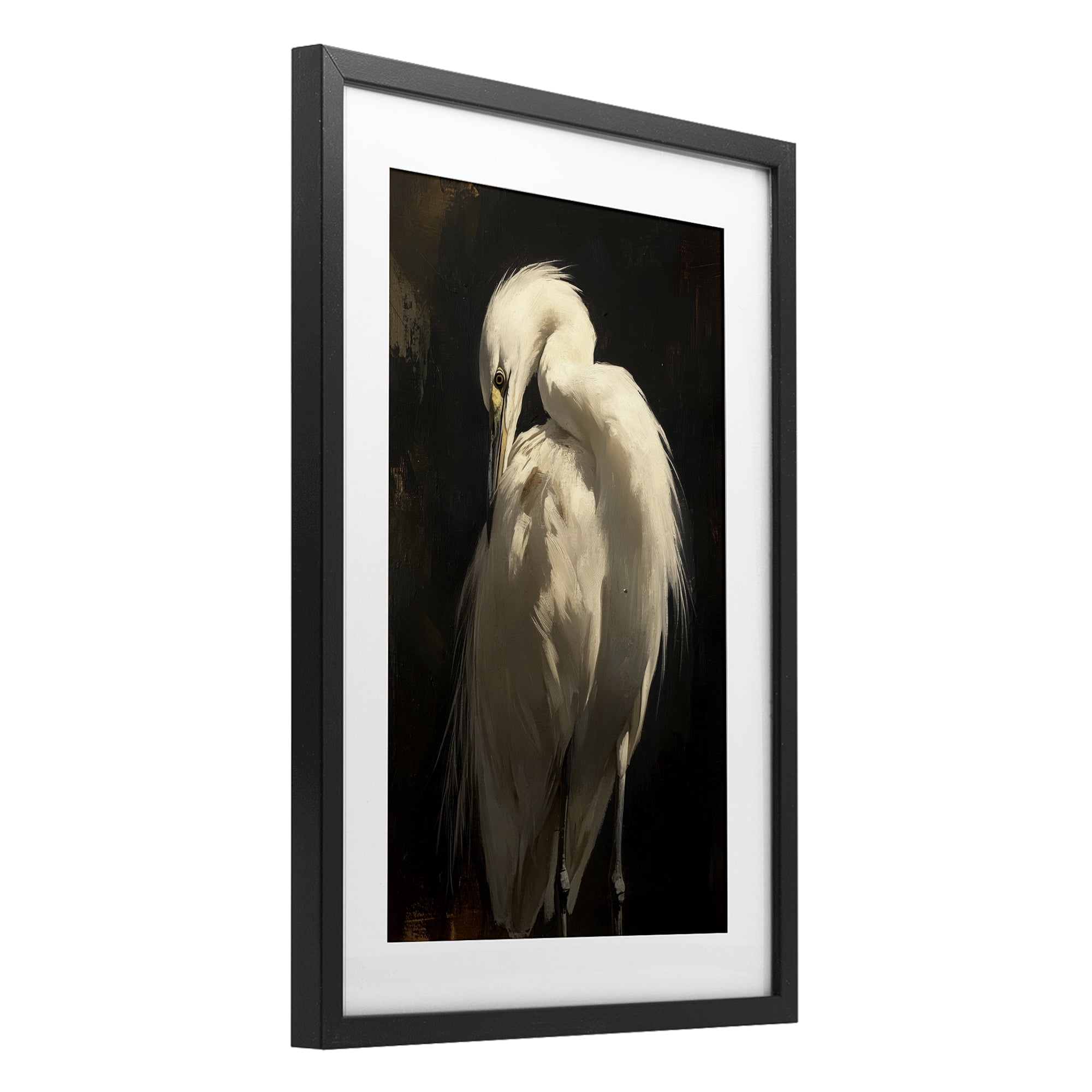 Stupell Industries Feathered Egret in Soft Light Black Framed Print Under Glass, design by Petal Prints Design
