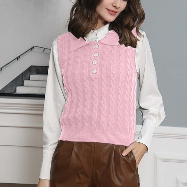 Womens Sweaters Clearance Women's Fashion Top Sleeveless Sweater Knitting  Turndown Collar Tank Top Pink L JE 