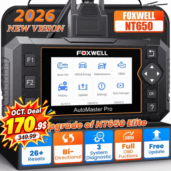 FOXWELL NT650 OBD2 Scanner Bidirectional Diagnostic Tool, 26  Maintenance Reset Services ABS SRS Oil Automotive scan tool Car Code Reader
