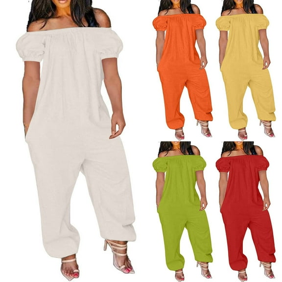 QATAINLAV Women's Loose Fit Short Sleeve Jumpsuits Casual Off Shoulder Rompers Solid Color Beam Foot One Piece Pants with Pockets Plus Size Yellow XXL