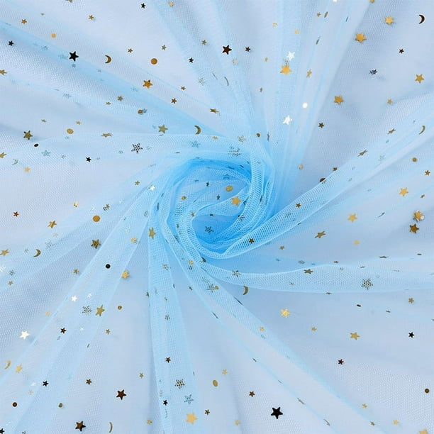 XmhyTop-A 1 yarda de tela de tul brillante con lentejuelas de estrellas y lunas para fondos de fiesta, red para faldas de tutú y fondos de fotomatón, poliéster duradero, azul claro