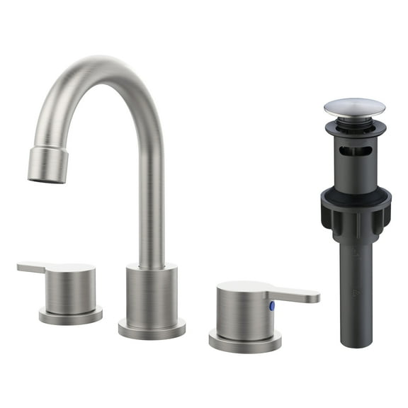 Widespread Bathroom Sink Faucet Brushed Nickel 2 Handle 8 inch 3 Hole 360°Swivel Spout Vanity Sink with Pop Up Drain Assembly