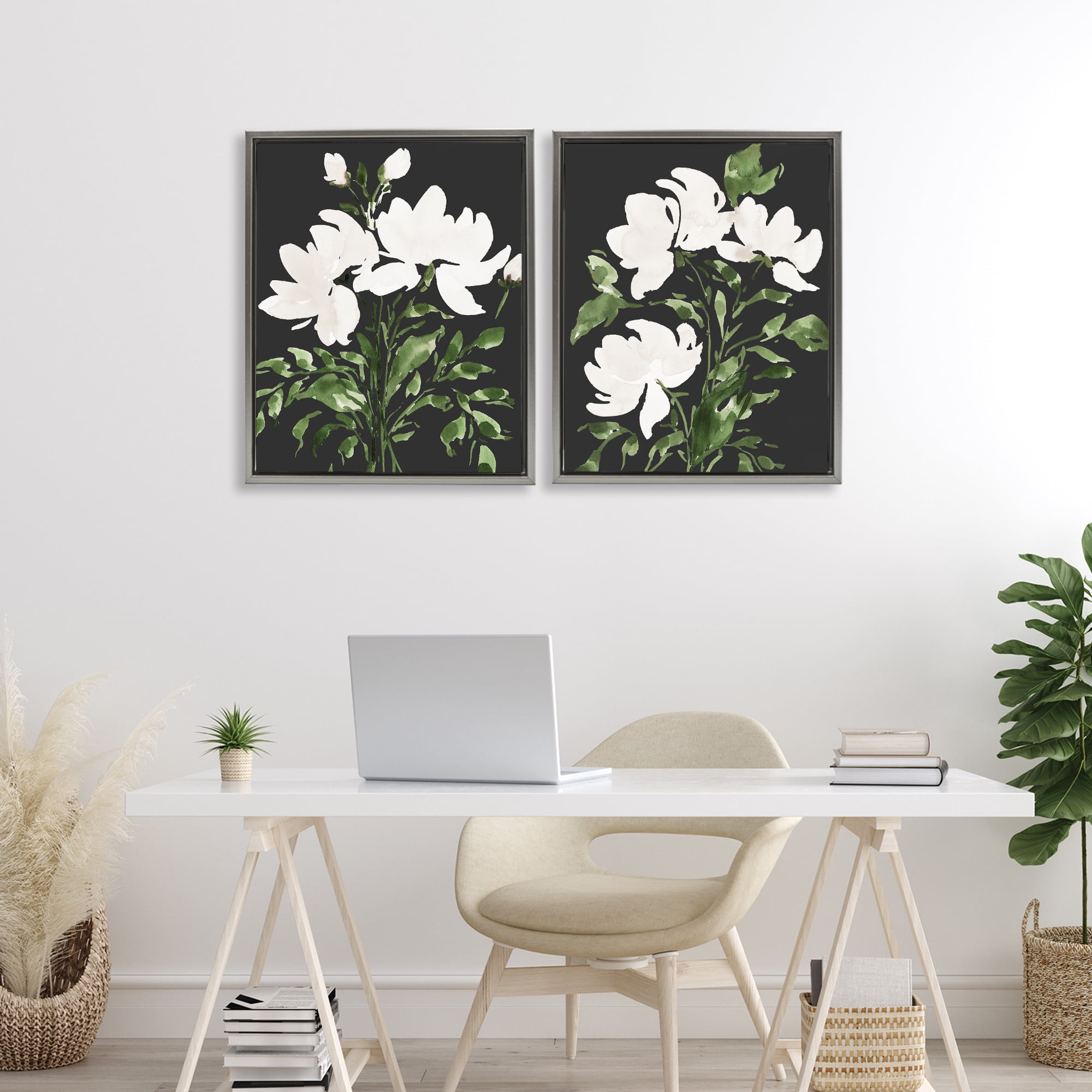 Stupell Industries White On Black Blooms 2 Piece Gray Framed Floater Canvas Set, design by Lucille Price