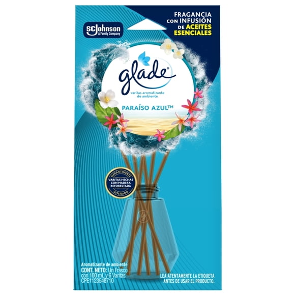 Varitas Aromatizantes Glade Paraíso Azul 100 ml Frasco y 6 Varitas