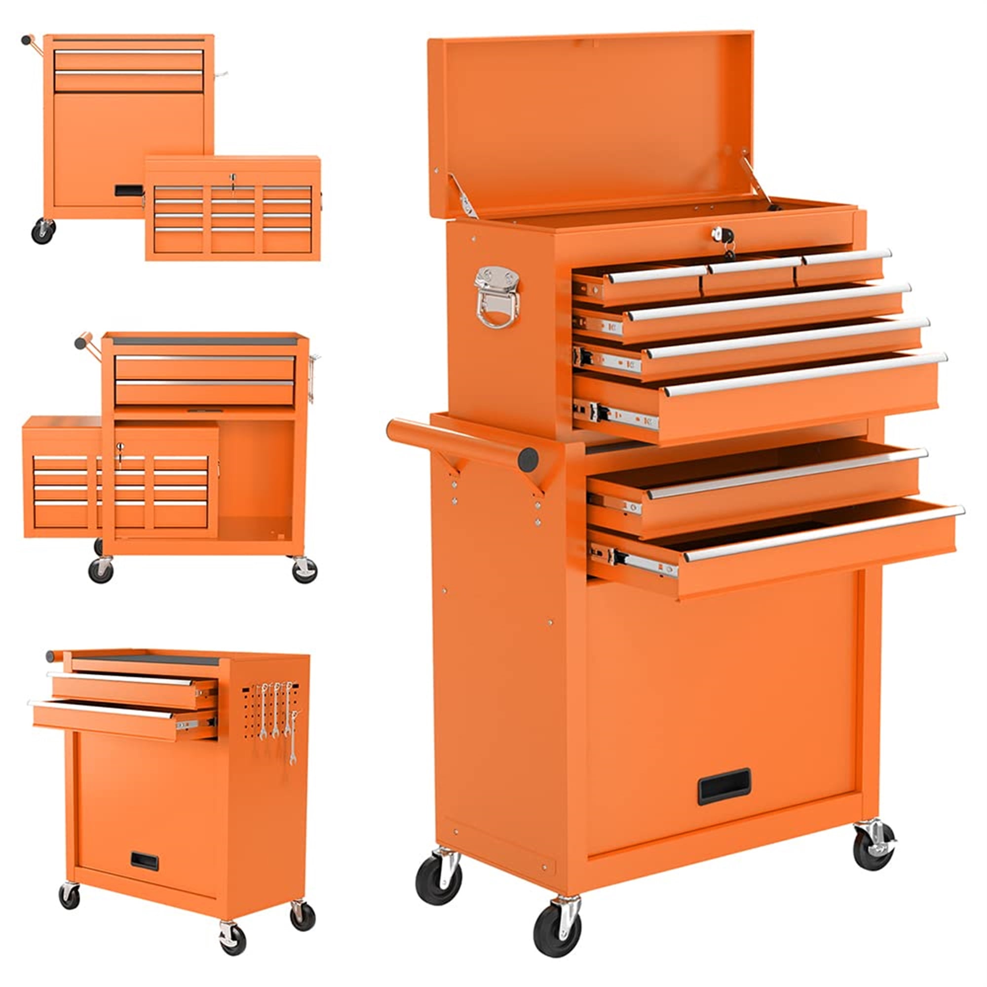 Aukfa Tool Box, 2 in 1 Steel Rolling Tool Chest & Cabinet On Wheels for Garage, 8-Drawers, Orange