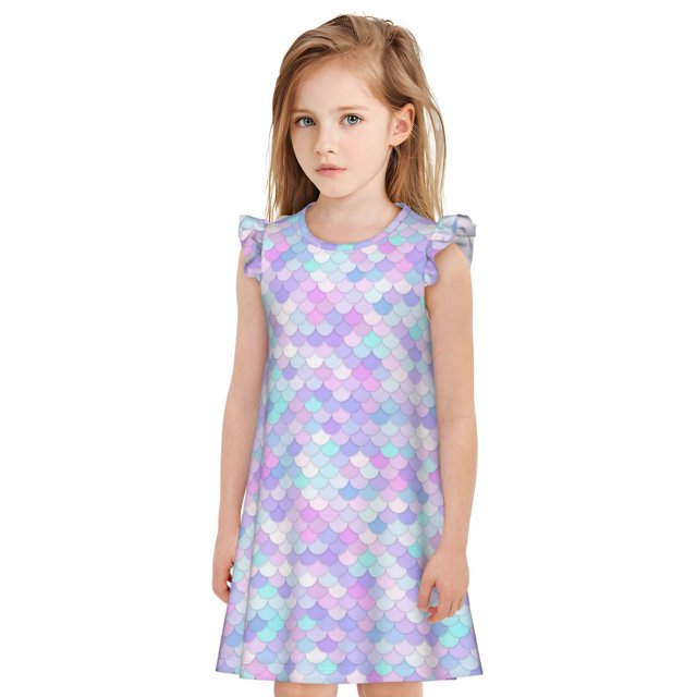 Fotbe Rainbow Scales Vestido de Dormir para Niñas de 3 a 10 Años, Mangas Cortas, Estilo Princesa, Pijama Camisón con Mangas Voladas-Large