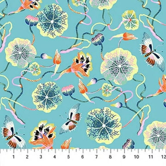 Blue Forage floral cotton fabric FIGO Fabrics Nasturtium Sold by the Quarter Yard