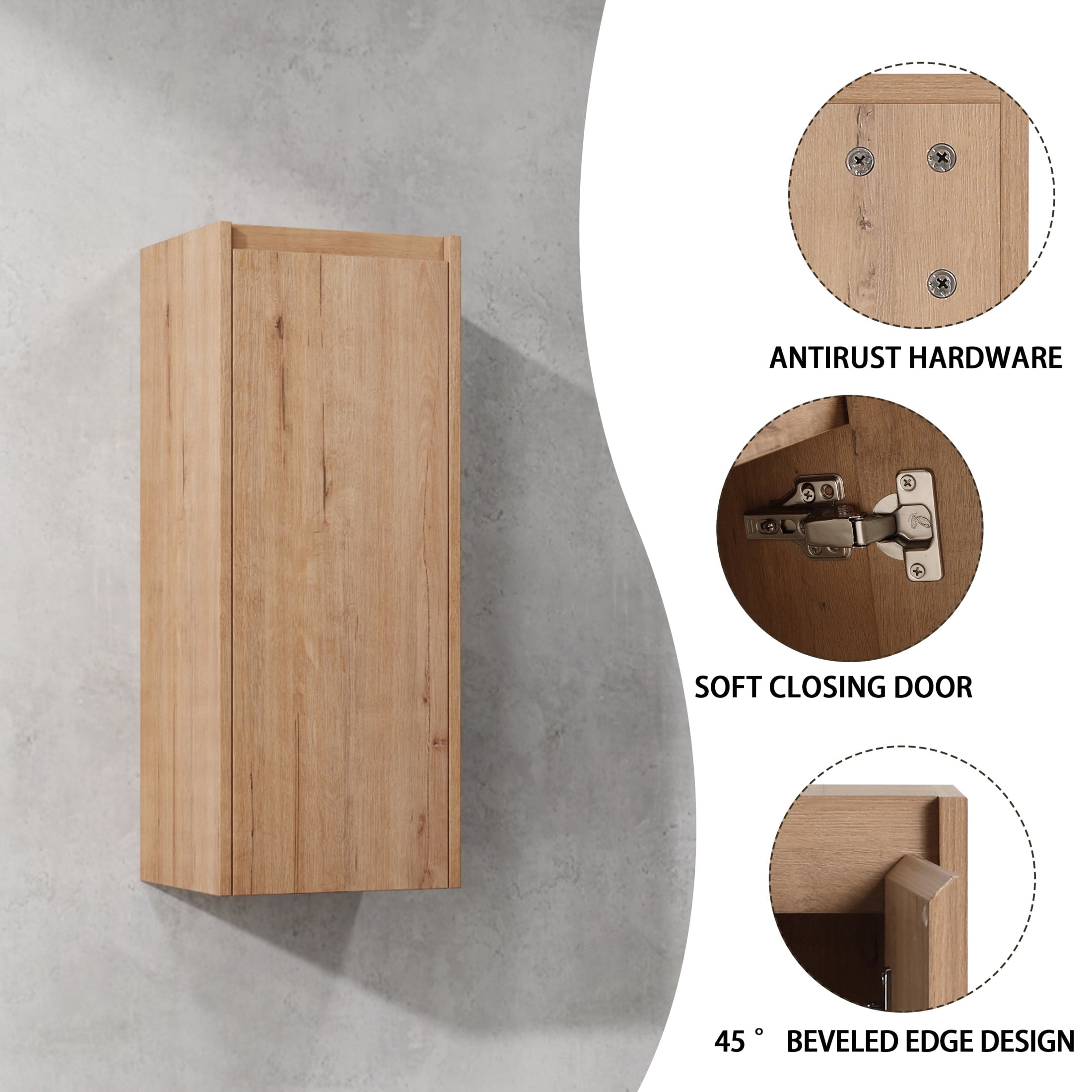Noble House 12" Wall-Mounted Bathroom Side Cabinet, Plywood Floating Storage, Hidden Handle, Imitative Oak