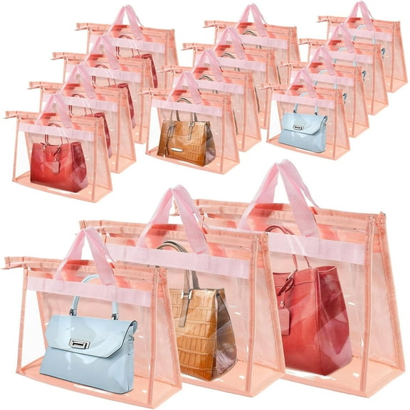 15 PCS Dust Bags for Handbags,Purse Protector Storage Bag,Purse Cover Hanging Closet Organizer with Zipper Handle,Clear Handbag Storage Organizer for Closet,3 Assorted Sizes(Pink)
