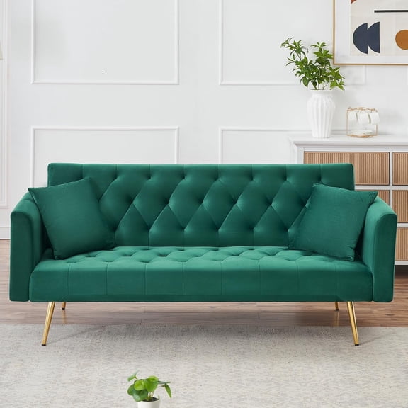 YWEN 71" Modern Velvet Sofa Bed Futon, Convertible Sleeper Couch with Adjustable Backrest, Tufted Recliner Loveseat with Golden Chrome Legs & 2 Pillows for Small Spaces, Living Room, Apartment