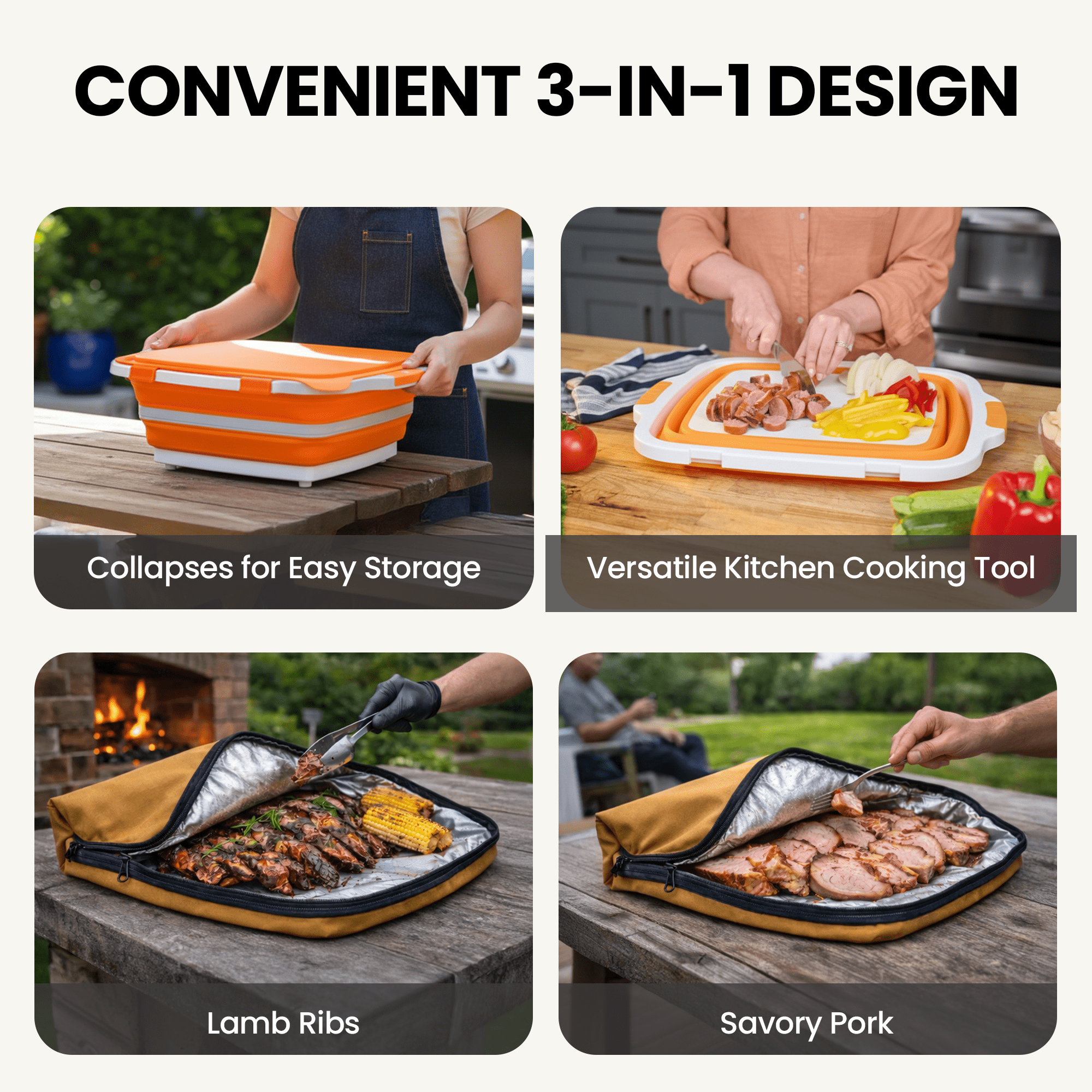 Havenity Collapsible BBQ Prep Tub 16L with BBQ Blanket - For Meal Prep, Marinating, Food Storage - Includes Cutting Board Lid - Orange - XL