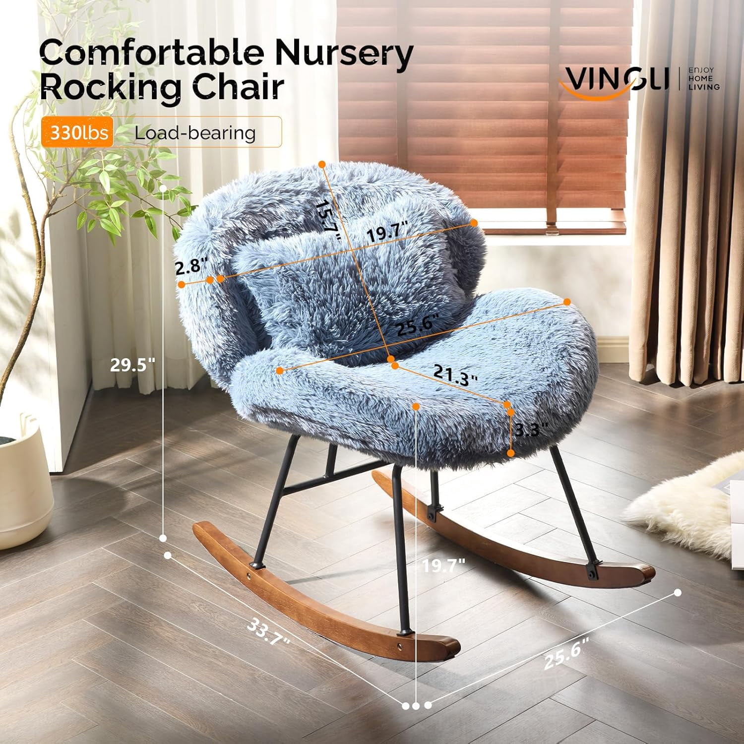 JFTER 25.6" Extra Wide Criss Cross Nursery Rocking Chair,Cute Curved 115° Reclining Armless Glider,Plush Small Rocker w/Pillow & Solid Wood for Indoor,Bedroom, Living Room,Fluffy Fleece,Navy Blue