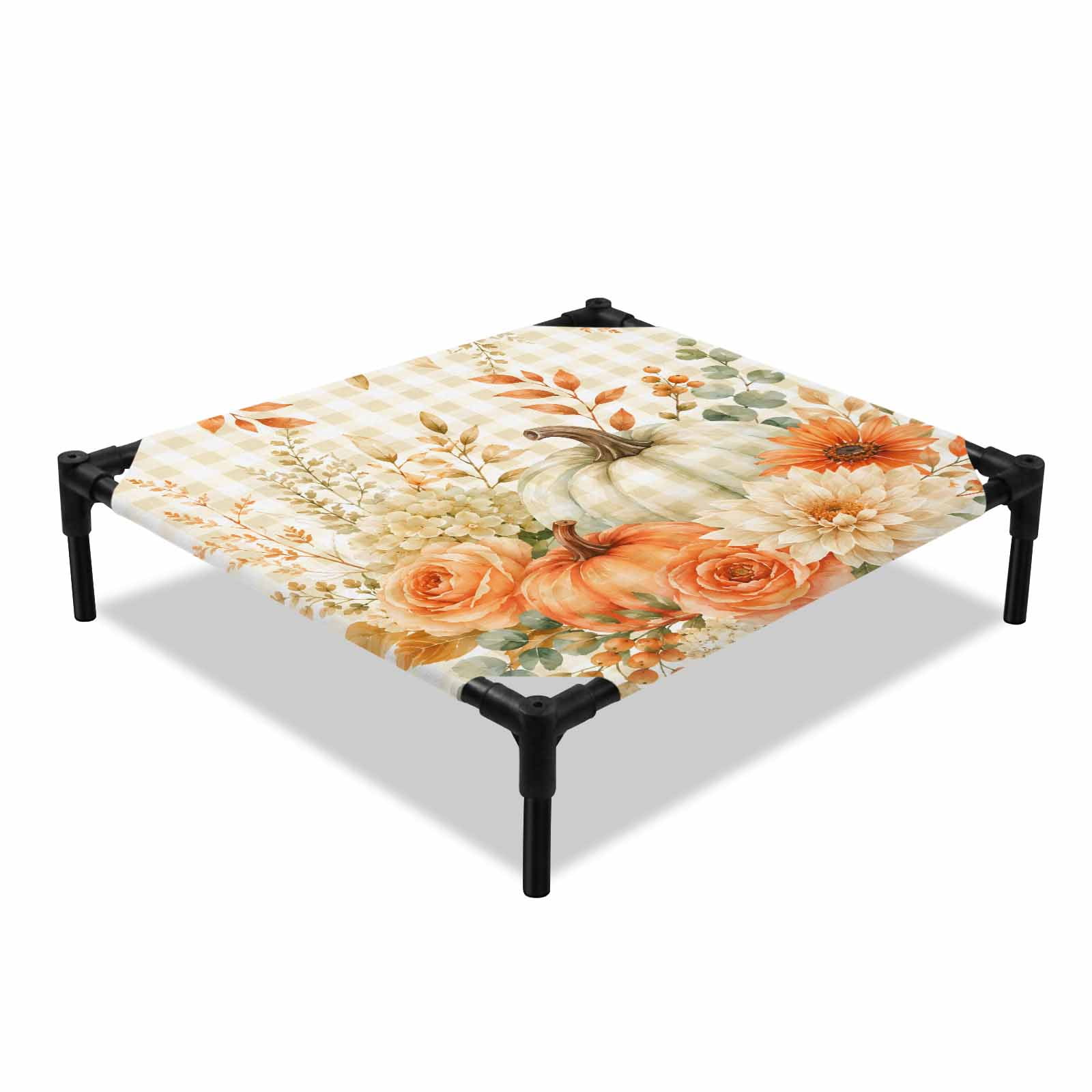 Thanksgiving Fall Elevated Dog Bed Rustic Beige Pumpkin Flower Gingham Background Cooling Breathable Outdoor Raised Dog Cot Bed with Metal Frame Non-Slip Feet for Small Dog 20x20in