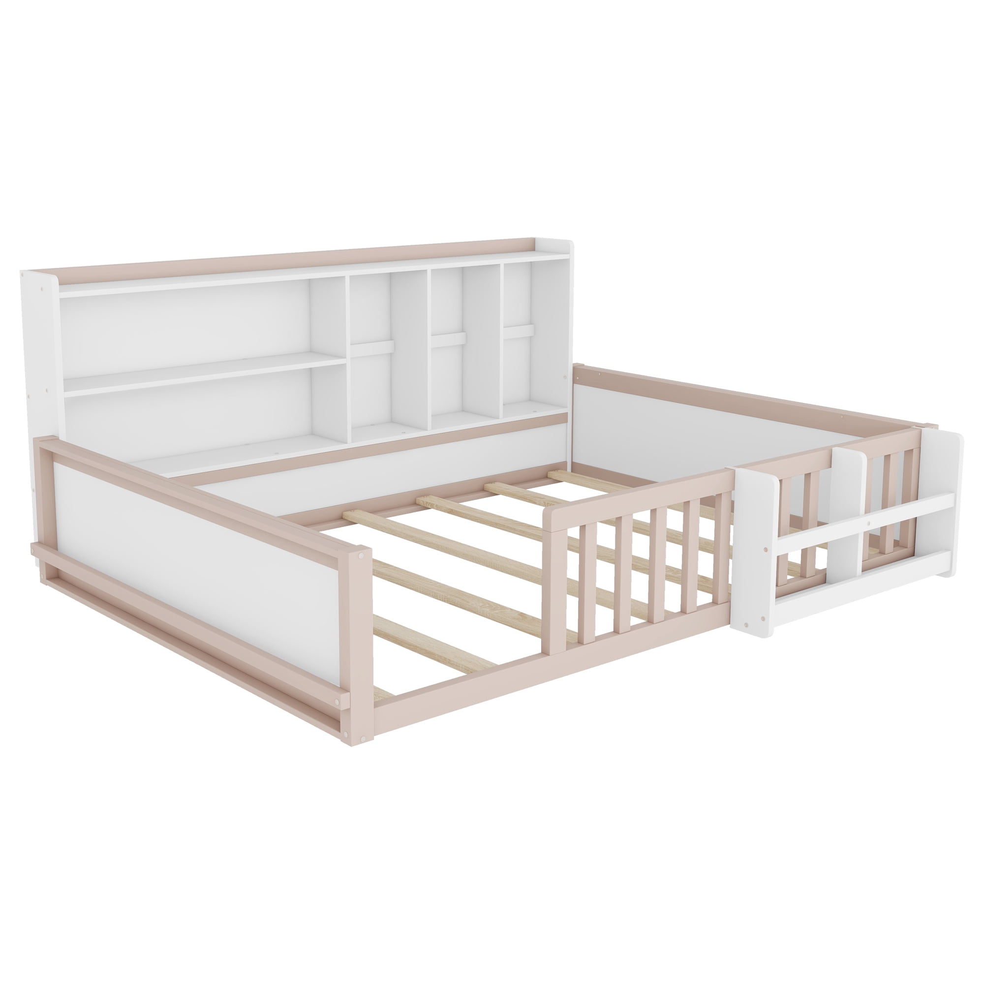 Mintazer Full Size Montessori Floor Bed with Bookshelf & Guardrails, Kids Platform Bed Frame with Storage Cubbies for Bedroom, White & Natural