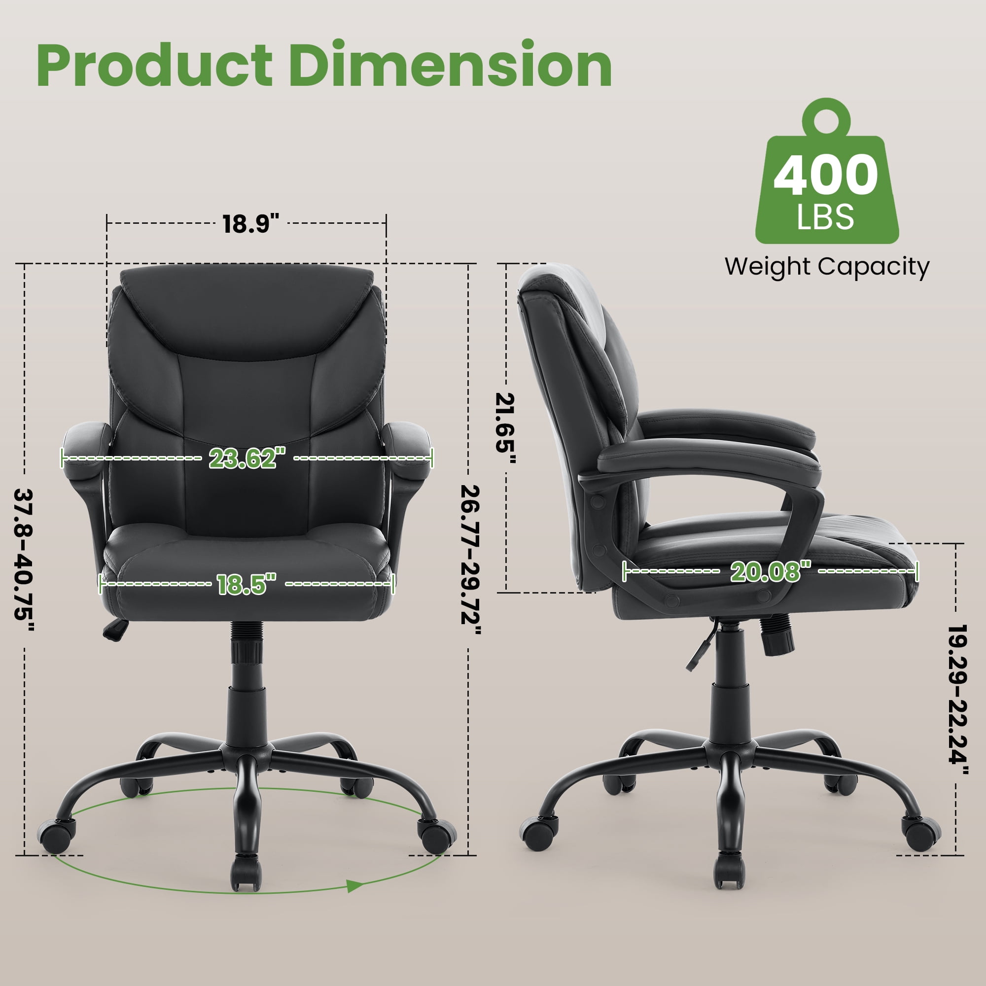 JONPONY Leather Office Chair, Big and Tall 400lbs Ergonomic Desk Chairs with Back Support, Executive Leather Chair with Wheels for Home Office, 360°Swivel Free, Black