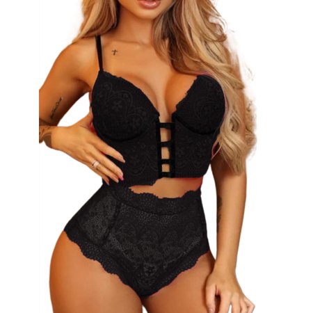 

KelaJuan Women 2 Piece Outfits Sexy Lingerie Lace Babydoll Bra and Mesh Sheer Panties Nightwear