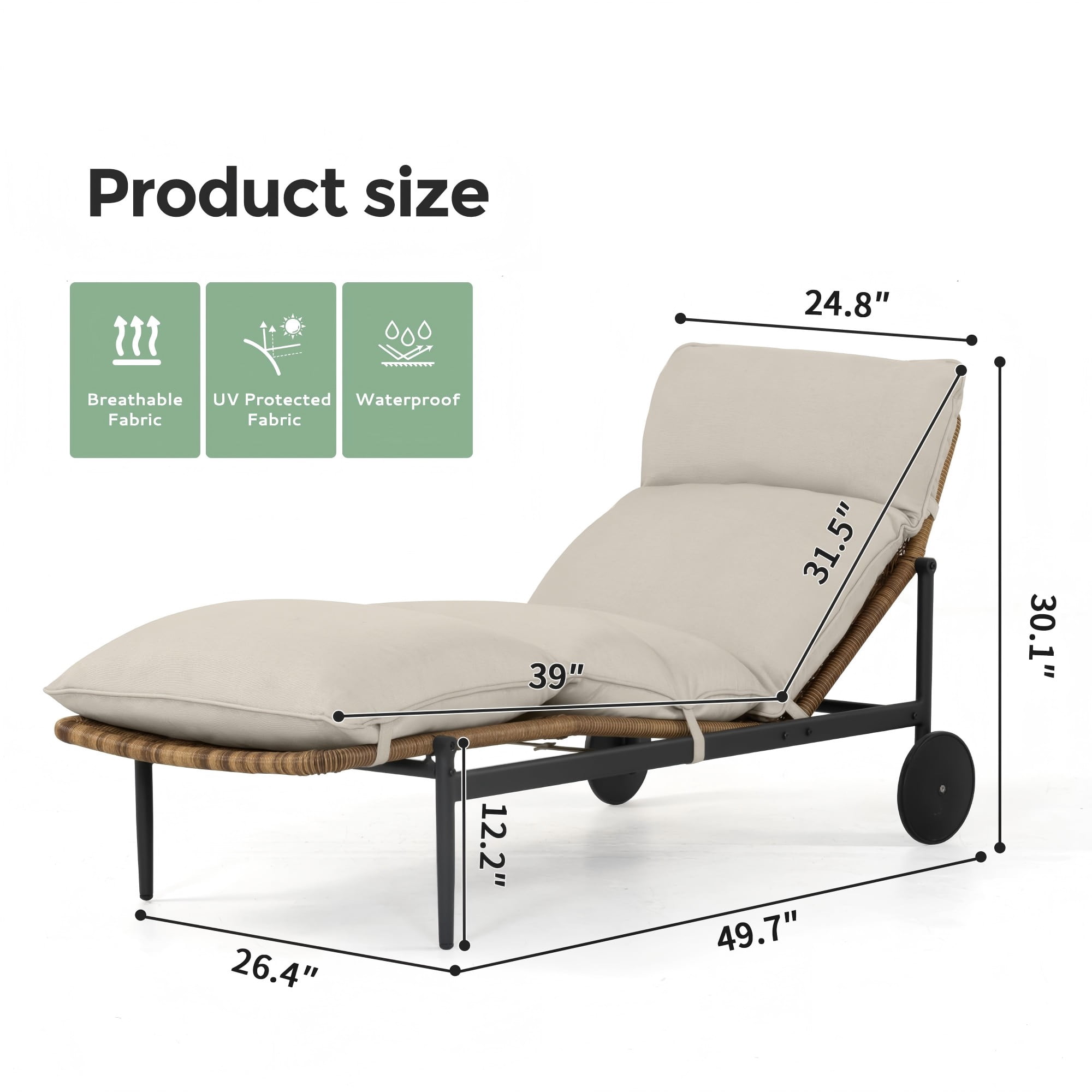 2PCS Patio Chaise Lounge Set of 2 Outdoor Lounge Chairs with Cushion Wheels Aluminum Wicker Pool Lounge Chairs for Backyard Deck Porch, Beige