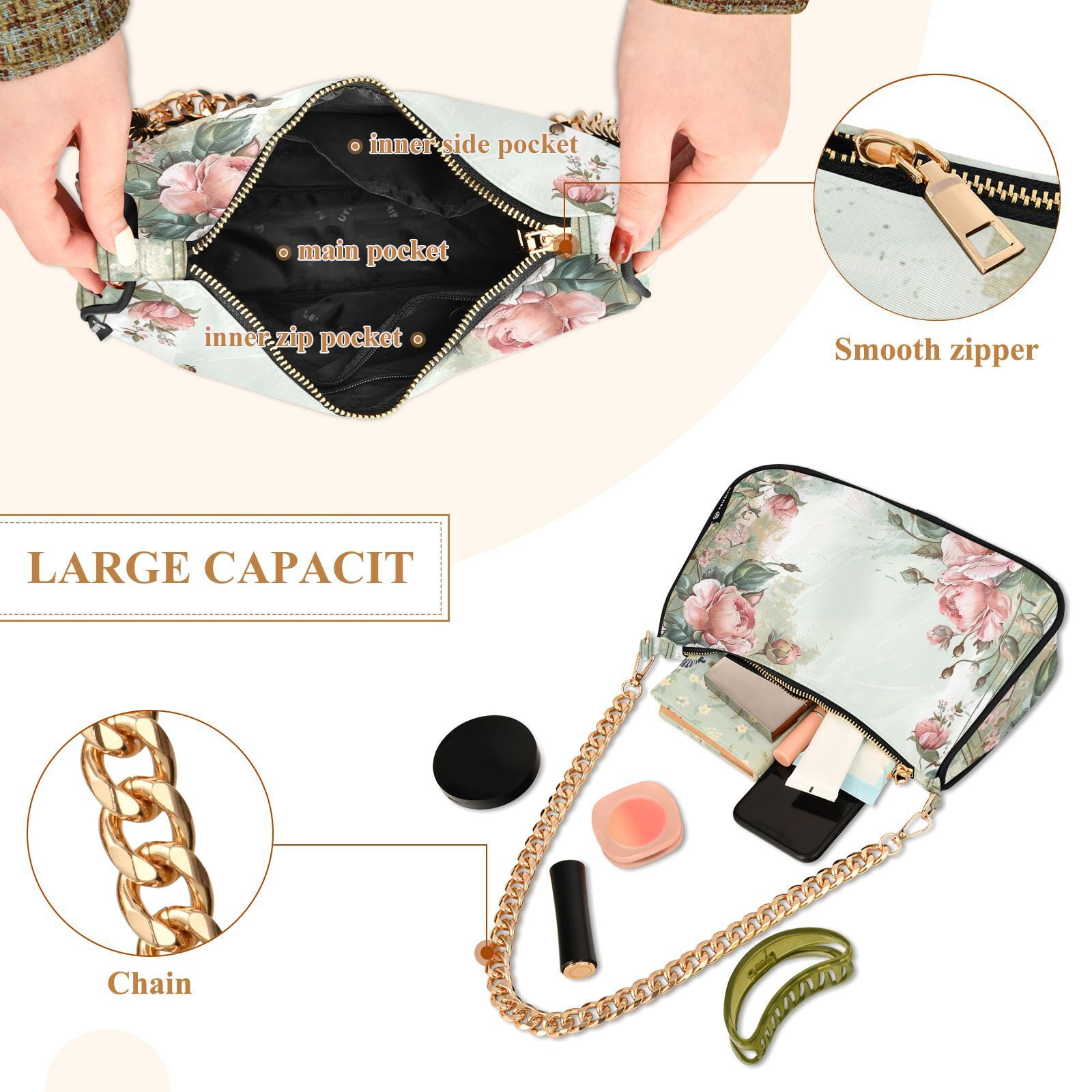Flowers Floral FrameWomen Small Shoulder Bag Crossbody Tote Hobo Bags Purse Clutch Handbags with Chain Strap for Women