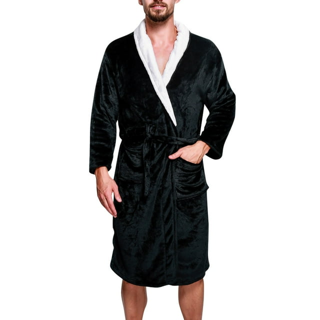 HBFAGFB Mens Bathrobe Plush Pajama Long Sleeves Softness Warm Flannel Robe with Pockets Black Size L
