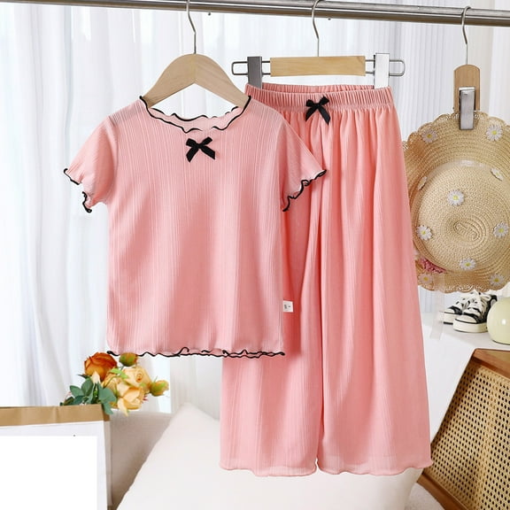 Kids Girls Pajamas Set Crewneck Soft Short Sleeve Comfort T Shirt Top Pants Set Toddler Sleepwears Kids Pajamas for Girls 4-5 Years