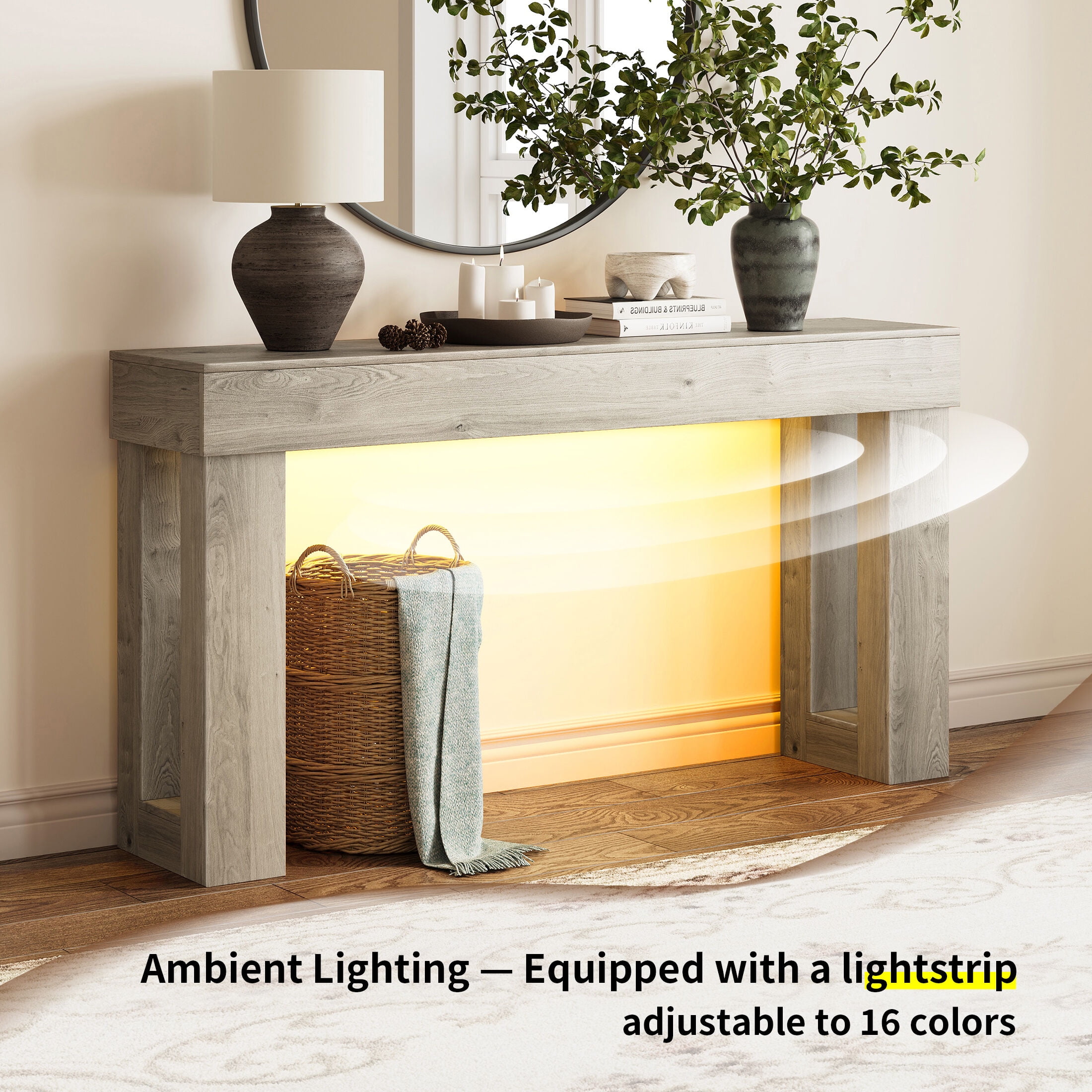 Techmilly 63" Modern Console Table with LED Light Strip,Gray Finish Narrow Entryway Sofa Table for Living Room Hallway