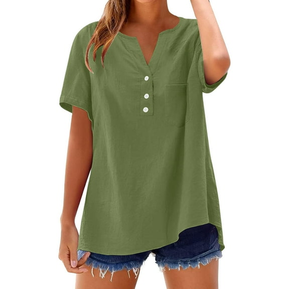 T Shirts For Women Womens Tops Cotton Linen Shirts For Summer Button Down Tops Short Sleeve Casual Blouses Oversized Tshirts