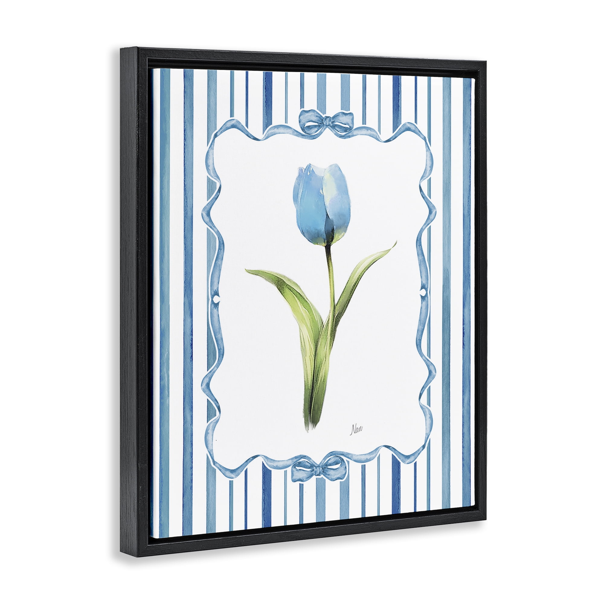 Stupell Industries Single Blue Tulip Stripes Black Framed Floater Canvas Wall Art, design by Nan