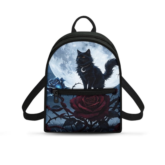Eheartsgir Black Cat Moon Rose Small Backpack, Lightweight Mini Rucksack with Zipper Closure, Travel Shoulder Bag for Women Daily Shopping