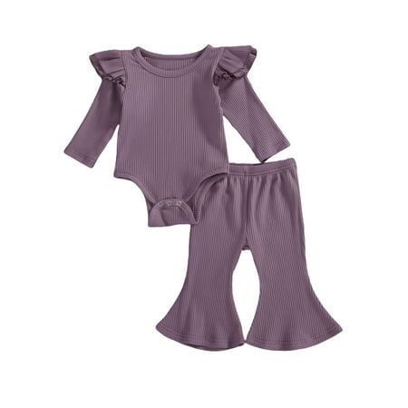 

One opening Baby Girls 2PCS Romper Set Ruffle Long Sleeve Round Neck Button Bell-Bottom Long Pants