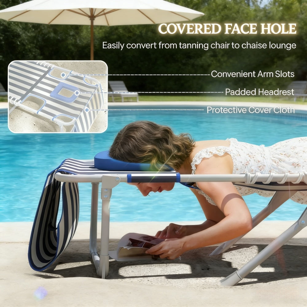 4-Piece Outdoor Lounge Set 2 Patio Loungers & 2 Folding Side Tables 5-Position Adjustable Backrest Face & Arm Holes 600D Oxford Fabric Pool Beach Chairs with Carry Strap