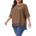 thumbnail image 4 of Agnes Orinda Women's Plus Size Tops Round Neck Lace Crochet Short Sleeve Shirts Casual Blouses 4X Dark khaki, 4 of 6