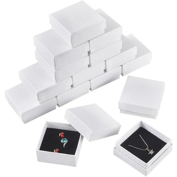 20 Pcs Texture Paper Jewelry Gift Boxes 2.95x2.95x1.34 Inch Square Jewelry Storage Case with Sponge Mat Inside Mini Gift Boxes with Lids Packaging Boxes for Ring Necklace Bracelet White