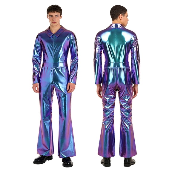 TTAO Men's 70s Disco Costumes Metallic Shiny Zipper Wide Leg Pants One Piece Jumpsuits for Club Blue S