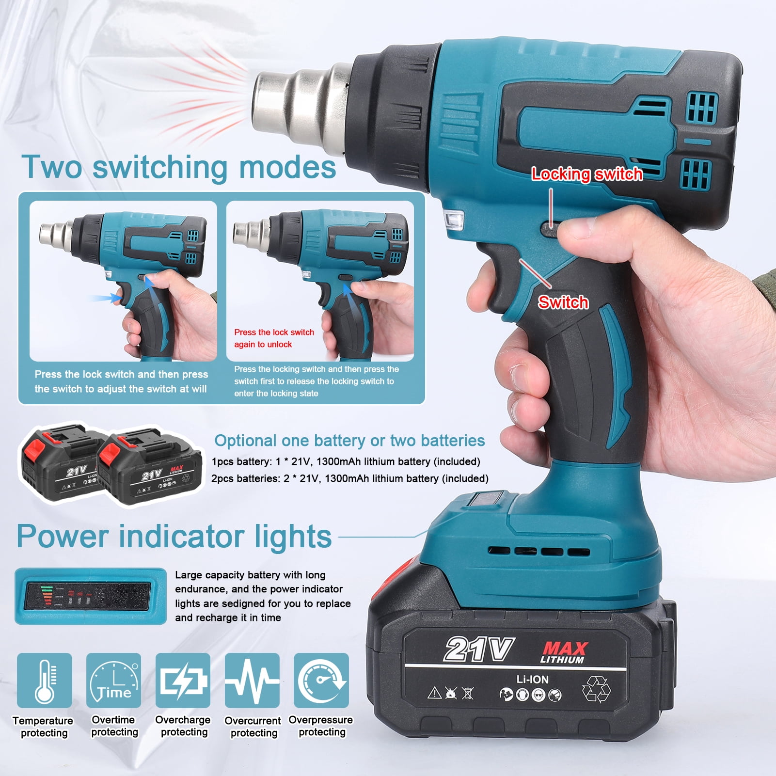 Hot Cordless Handheld Hot Air Heating Machine Lithium Rechargeable Heating Equipment HighTemperature Power Tool With 3 Nozzles For Shrink Wrapping Heat Shrink Tube PVC