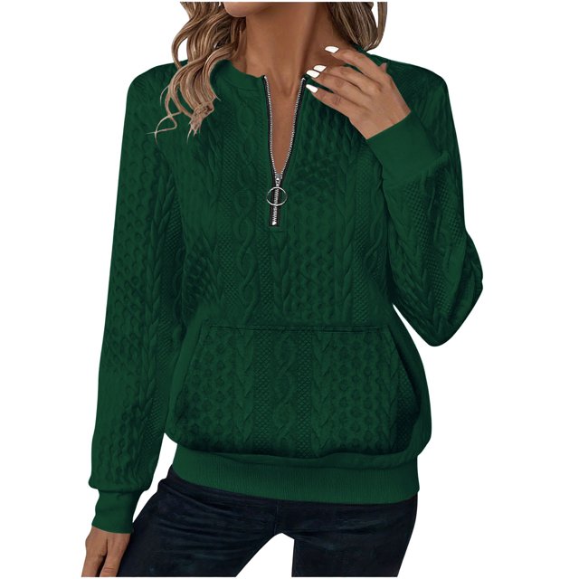 Mceream Chandails Matelassés pour Femmes à Fermeture Éclair, Col Rond, Manches Longues, Chandail Texturé Uni à Enfiler avec Poches, Décontracté, Ample, Mode, Automne Hiver, Tuniques, Grande Taille, Sudadera Para Mujer, Vert, TG