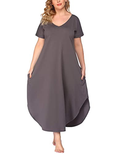 IN'VOLAND Women Plus Size Nightgowns Short Sleeve Nightdress V Neck Loungewear Sleepwear Night Wear Long Nightdress XL-5XL 