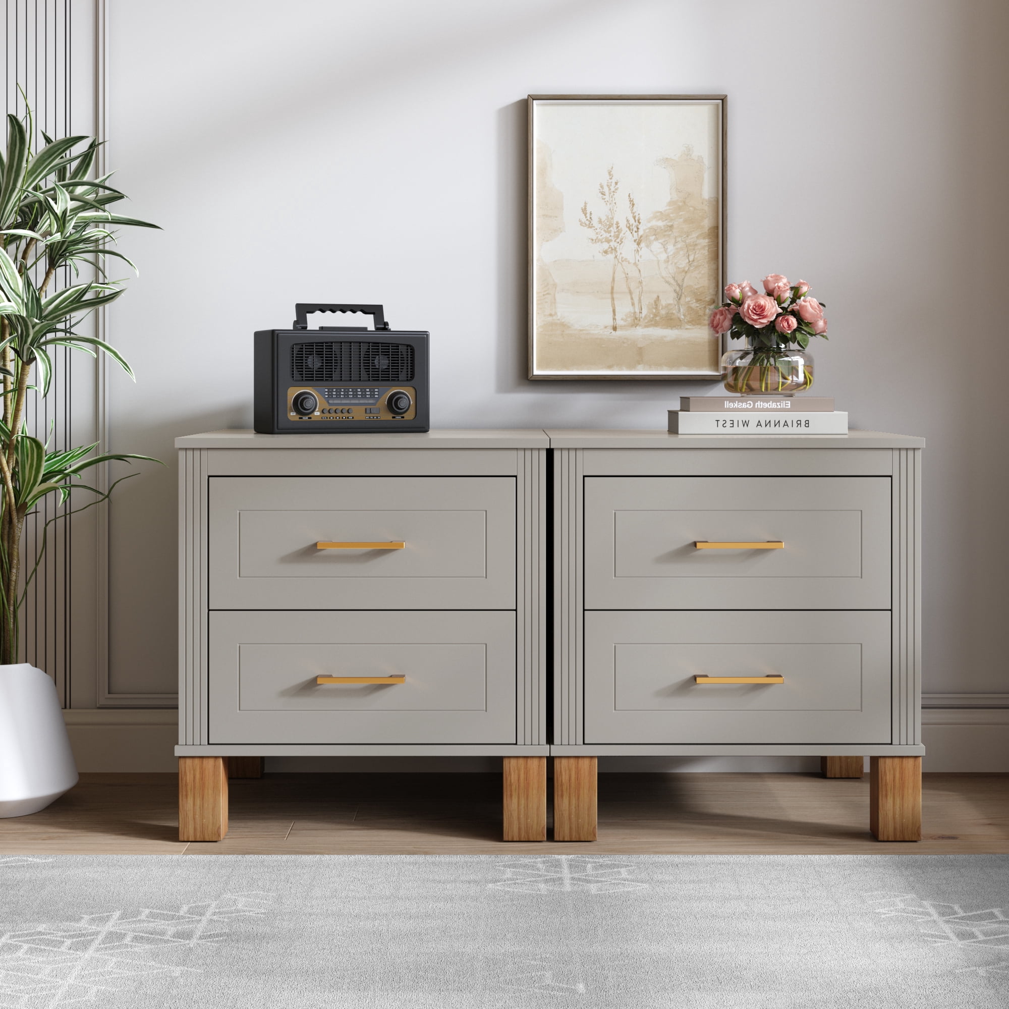 2 Drawer Nightstand, Fluted Design Bedside Table with Solid Wood Legs & Metal Handles, MDF Frame Storage Cabinet, Tall End Table for Bedroom Living Room