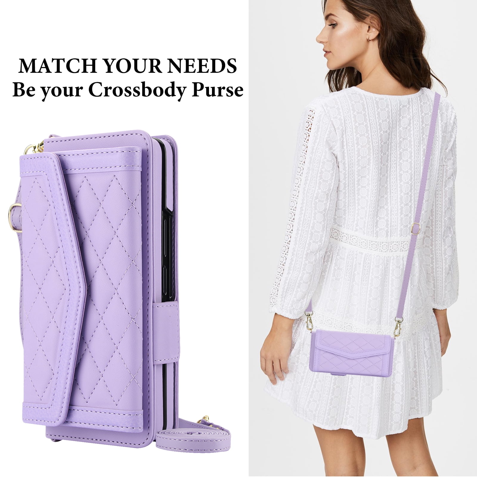 for Samsung Galaxy Z Fold 4 Case Wallet with S Pen Holder for Women, 12 Card Holder & 2 Cash Pocket & Shoulder Strap & Wristlet Flip Stand PU Leather Phone Case with RFID Blocking, Lightpurple
