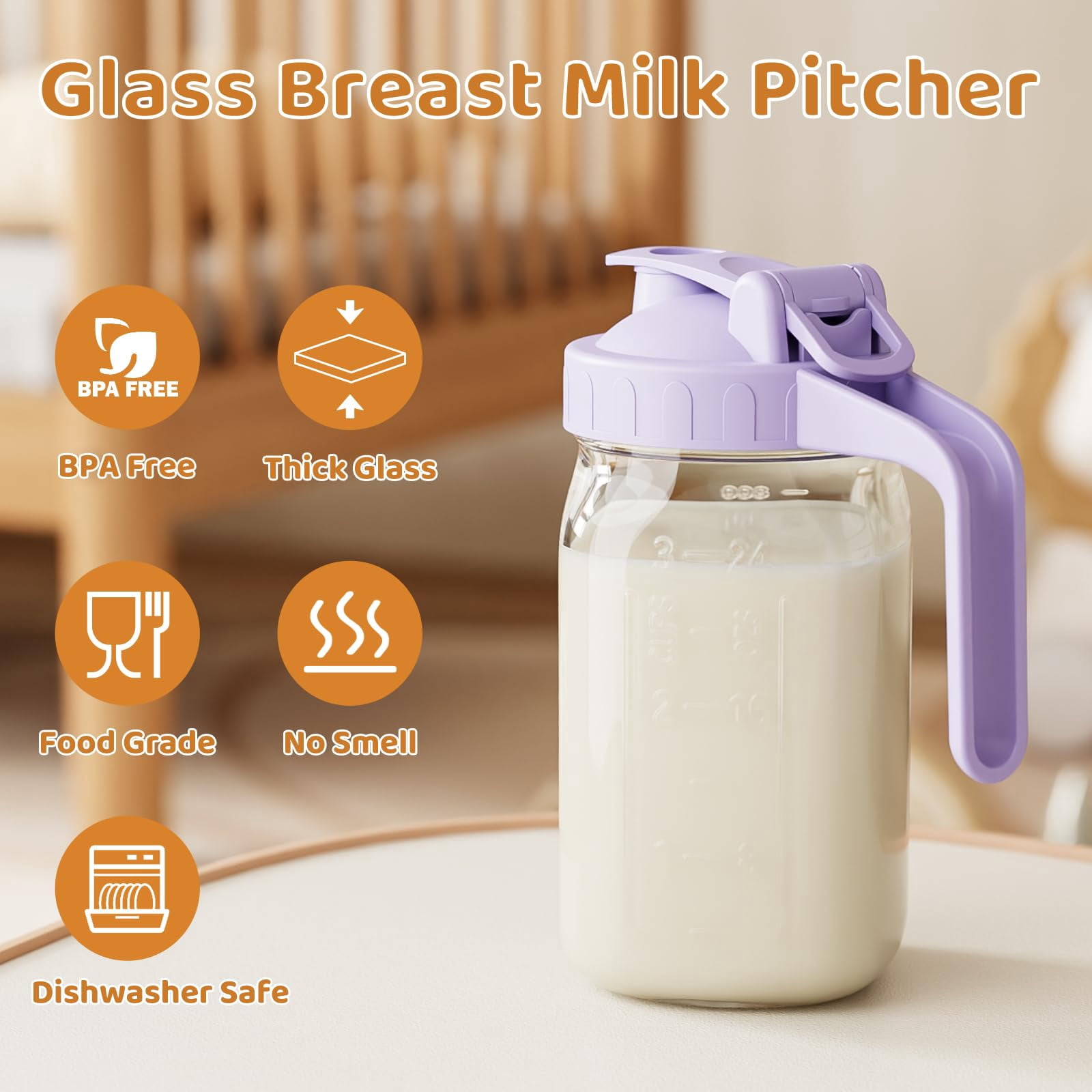 Breast Milk Pitcher  Mason Jar 32 Oz Heavy Duty Wide Mouth With Purple Flip Cap Lid And Pour Spout Formula Airtight Seal For Freshness Convenience Great Cold Beverages