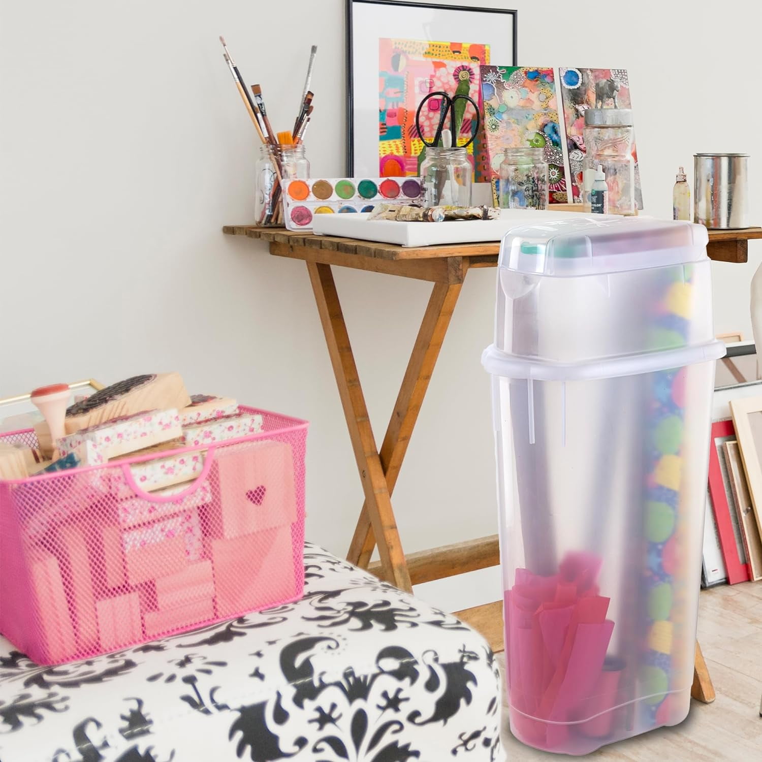 Librala Wrap N' Craft Plastic Wrapping Paper Organizer Storage Container with Top Ornament Storage Compartment for 20 Standard 30 Inch Rolls, Clear