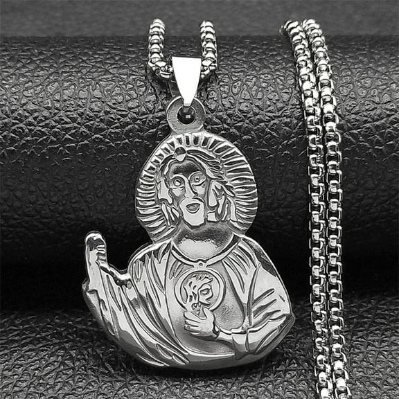 Christian Sacred Heart Of Jesus Necklace 14K White Gold Silver Color Women Men Christ Amulet Chain Jewelry Bijoux Party Gift