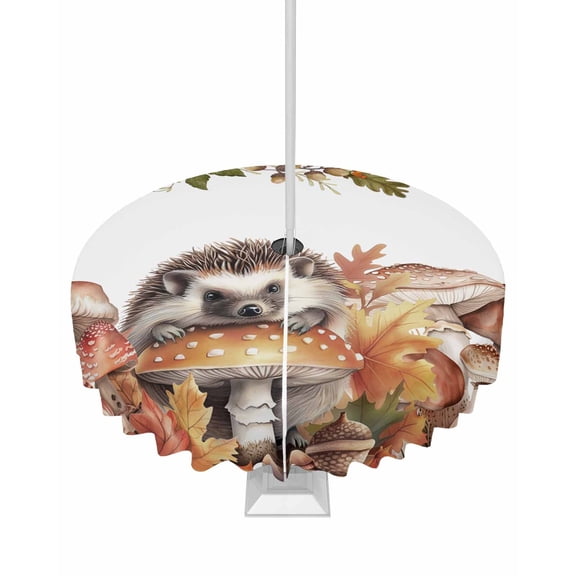 Fsddascl Fall Mushroom Hedgehog Outdoor Tablecloth - 60 Inch Round Dining Table Cover, Thanksgiving Maple Leaf Waterproof Outdoor Table Cloth with Umbrella Hole & Zipper for Picnic/Patio/Party