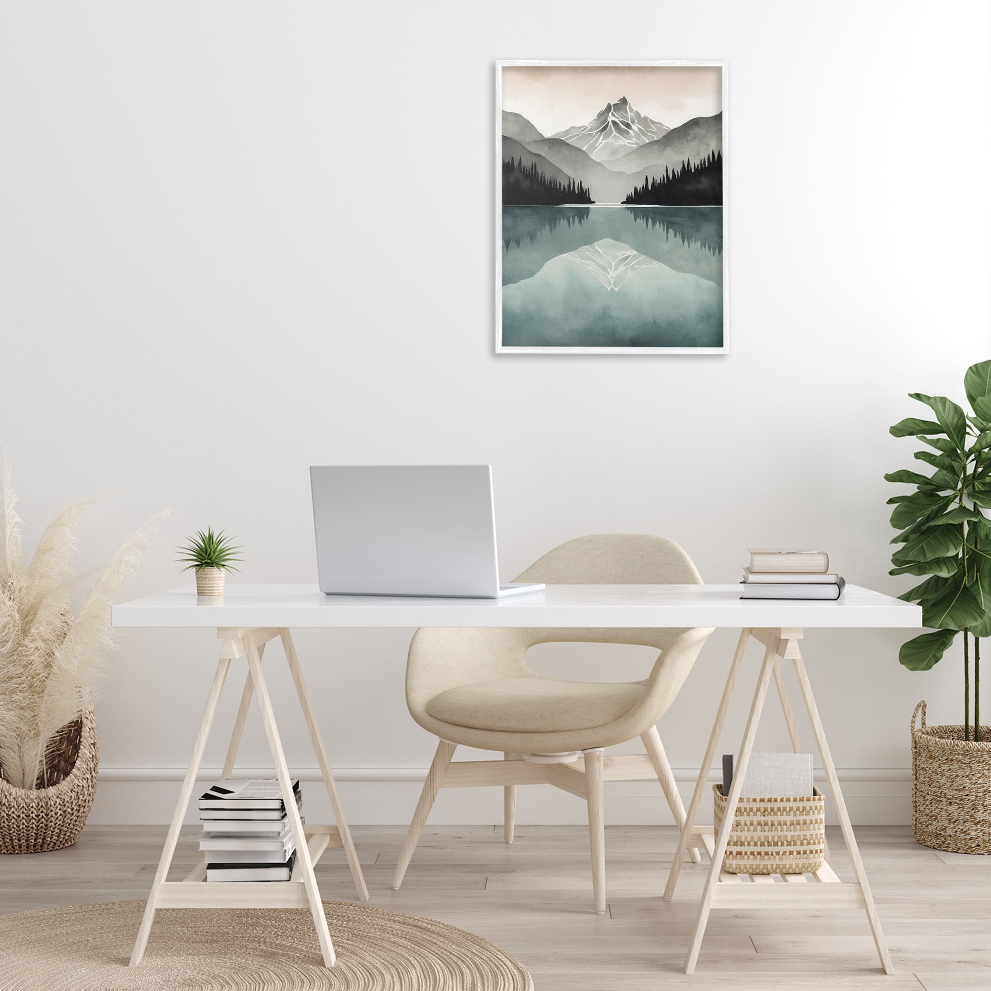 Stupell Industries Mountain Reflecting over Lake Landscape Painting White Framed Art Print Wall Art, 24 x 30