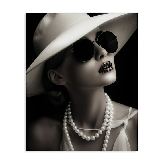 Stupell Industries Trendy Girl with Striped Lips Novelty Painting Gallery Wrapped Canvas Art Print Wall Art, 16 x 20