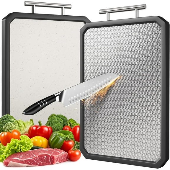 Stainless Steel Cutting Board, Double Sided Steel Cutting Board, Stainless Steel/Wheat Straw PP Large Cutting Board for Kitchen, Dishwasher Safe, Non Toxic Chopping Board, 15.75* 11.02Inch