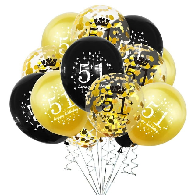SHUNTAI 51 decoraciones de cumpleaños para hombres y mujeres, globos dorados y negros de 51 cumpleaños, globo de confeti de látex, tema de aniversario de 51 años, suministros de decoración para fiesta