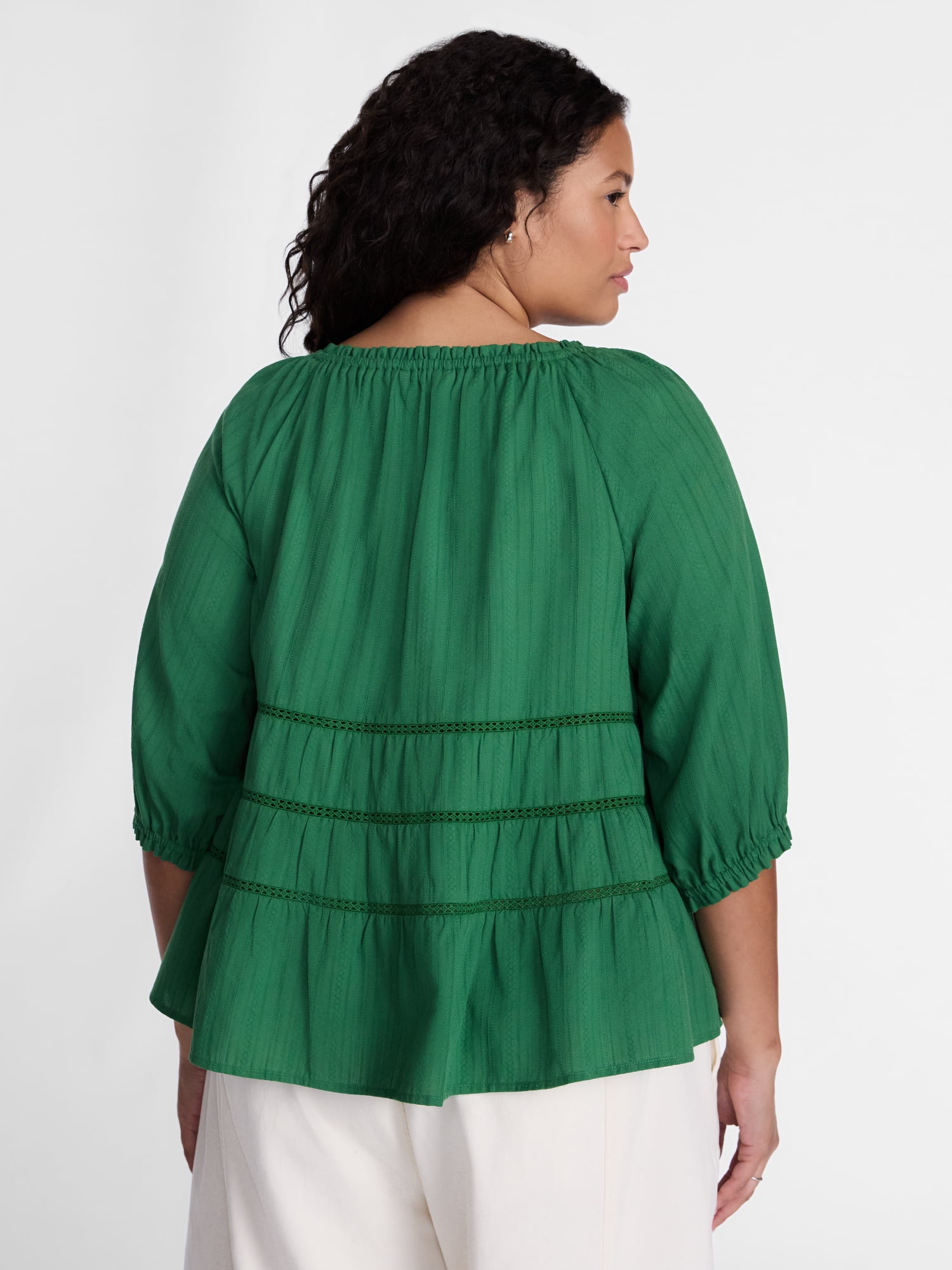 Terra & Sky Women's Plus Eyelet Trim Swing Top with Elbow Length Sleeves, Sizes 0X-5X