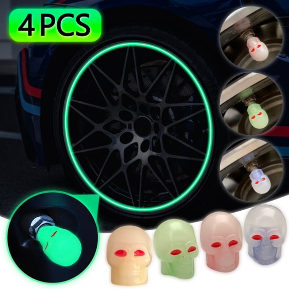 RRJ 4Pcs Skull Luminous Tire Valves Caps, Glow in The Dark Gas Nozzle Covers, 4PCS Car Motorcycle Truck Wheel Accessories, Dirt Dust Protection for Tire Valves Stems